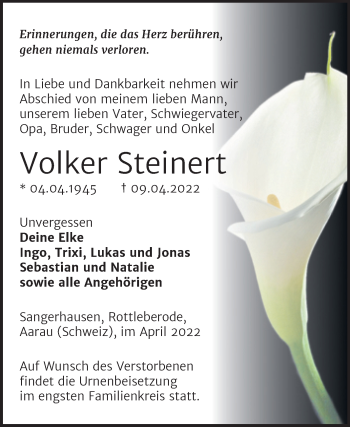 Traueranzeige von Volker Steinert von Mitteldeutsche Zeitung Sangerhausen