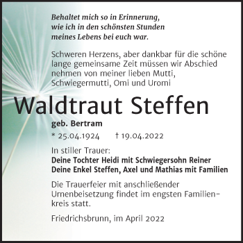 Traueranzeige von Waldtraut Steffen von Trauerkombi Quedlinburg