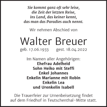 Traueranzeige von Walter Breuer von Mitteldeutsche Zeitung Halle/Saalkreis