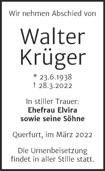 Traueranzeige von Walter Krüger von Trauerkombi Merseburg