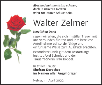 Traueranzeige von Walter Zelmer von Wochenspiegel Naumburg/Nebra