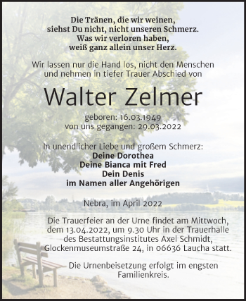 Traueranzeige von Walter Zelmer von Wochenspiegel Naumburg/Nebra