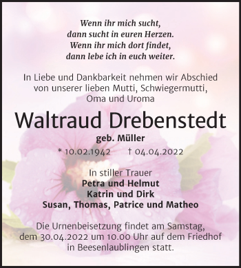 Traueranzeige von Waltraud Drebenstedt von Trauerkombi Bernburg
