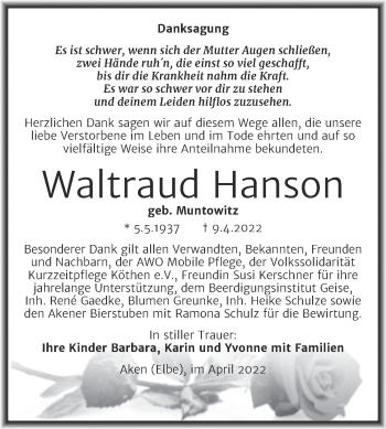 Traueranzeige von Waltraud Hanson von Trauerkombi Köthen