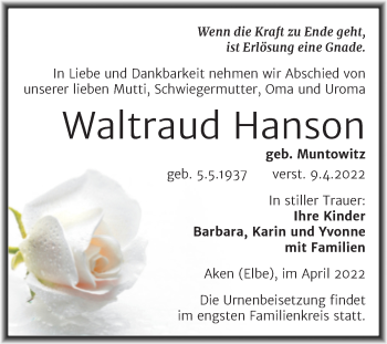 Traueranzeige von Waltraud Hanson von Trauerkombi Köthen