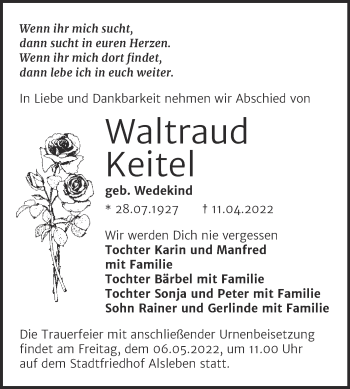 Traueranzeige von Waltraud Keitel von Trauerkombi Bernburg