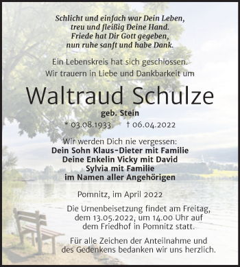 Traueranzeige von Waltraud Schulze von Super Sonntag Naumburg/Nebra
