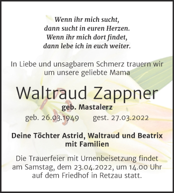 Traueranzeige von Waltraud Zappner von Trauerkombi Bitterfeld