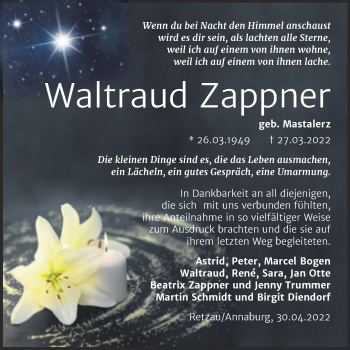 Traueranzeige von Waltraud Zappner von Trauerkombi Bitterfeld