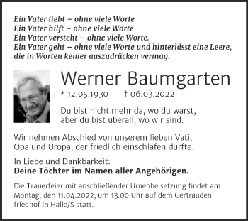 Traueranzeige von Werner Baumgarten von Mitteldeutsche Zeitung Halle/Saalkreis