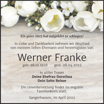 Traueranzeige von Werner Franke von Trauerkombi Sangerhausen