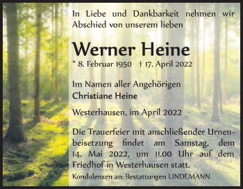 Traueranzeige von Werner Heine von Trauerkombi Quedlinburg