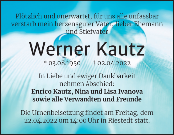Traueranzeige von Werner Kautz von Trauerkombi Sangerhausen