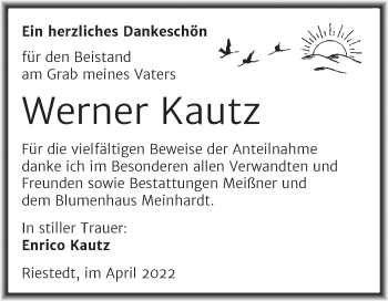 Traueranzeige von Werner Kautz von Trauerkombi Sangerhausen
