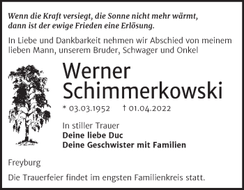 Traueranzeige von Werner Schimmerkowski von Wochenspiegel Naumburg/Nebra