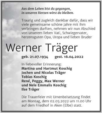 Traueranzeige von Werner Träger von Trauerkombi Köthen