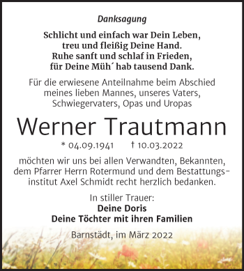 Traueranzeige von Werner Trautmann von Trauerkombi Merseburg