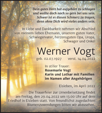 Traueranzeige von Werner Vogt von Mitteldeutsche Zeitung Mansfelder Land
