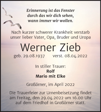 Traueranzeige von Werner Zieb von Trauerkombi Mansfelder Land
