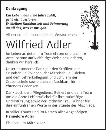 Traueranzeige von Wilfried Adler von Trauerkombi Mansfelder Land