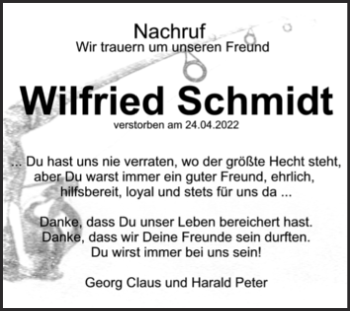 Traueranzeige von Wilfried Schmidt von Trauerkombi Sangerhausen