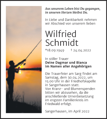Traueranzeige von Wilfried Schmidt von Mitteldeutsche Zeitung Sangerhausen