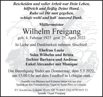 Traueranzeige von Wilhelm Freigang von Mitteldeutsche Zeitung Halle/Saalkreis