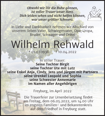 Traueranzeige von Wilhelm Rehwald von Wochenspiegel Naumburg/Nebra