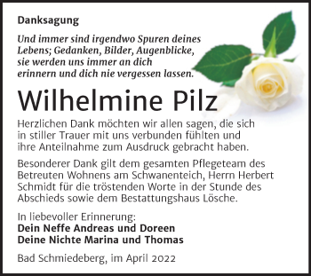Traueranzeige von Wilhelmine Pilz von Trauerkombi Wittenberg