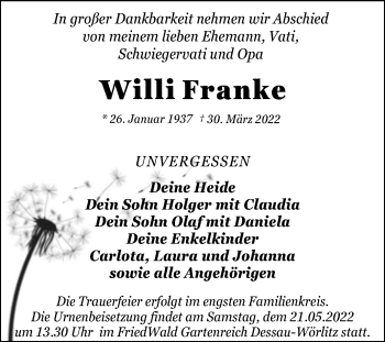 Traueranzeige von Willi Franke von Trauerkombi Dessau