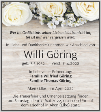 Traueranzeige von Willi Göring von Trauerkombi Köthen