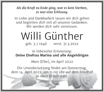 Traueranzeige von Willi Günther von Trauerkombi Köthen