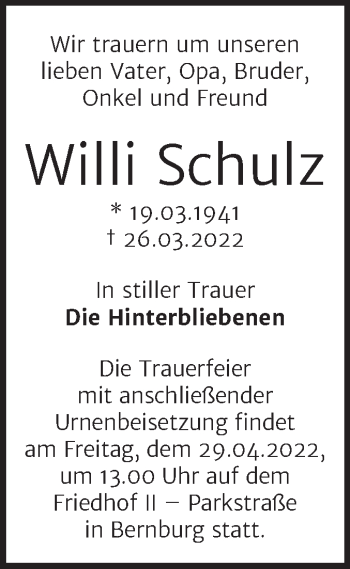 Traueranzeige von Willi Schulz von Trauerkombi Bernburg