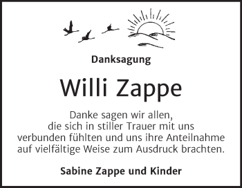 Traueranzeige von Willi Zappe von Trauerkombi Wittenberg