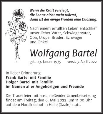 Traueranzeige von Wolfgang Bartel von Mitteldeutsche Zeitung Halle/Saalkreis