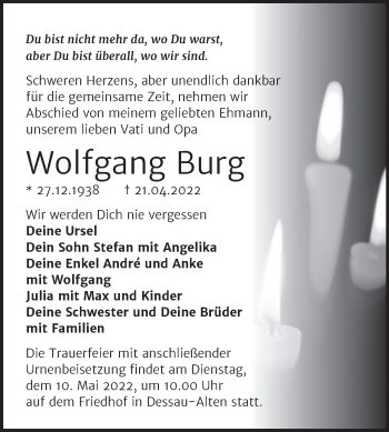Traueranzeige von Wolfgang Burg von Trauerkombi Dessau