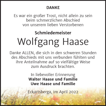 Traueranzeige von Wolfgang Haase von Wochenspiegel Naumburg/Nebra