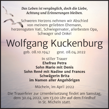 Traueranzeige von Wolfgang Kuckenburg von Trauerkombi Merseburg