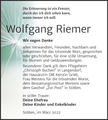 Traueranzeige von Wolfgang Riemer von Wochenspiegel Naumburg/Nebra