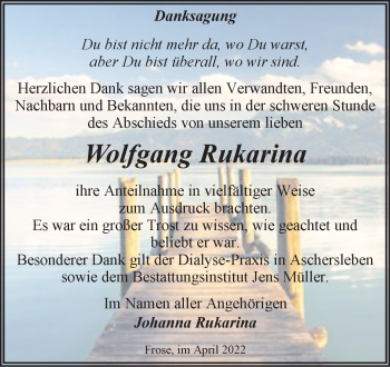 Traueranzeige von Wolfgang Rukarina von Trauerkombi Aschersleben
