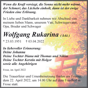Traueranzeige von Wolfgang Rukarina von Trauerkombi Aschersleben