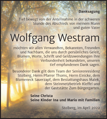 Traueranzeige von Wolfgang Westram von Trauerkombi Sangerhausen