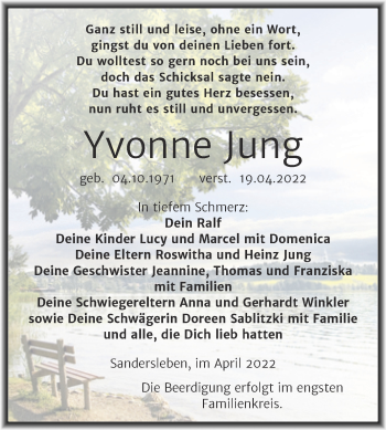 Traueranzeige von Yvonne Jung von Trauerkombi Mansfelder Land