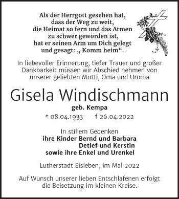 Traueranzeige von Gisela Windischmann von Trauerkombi Mansfelder Land