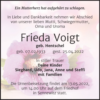 Traueranzeige von Frieda Voigt von Mitteldeutsche Zeitung Halle/Saalkreis