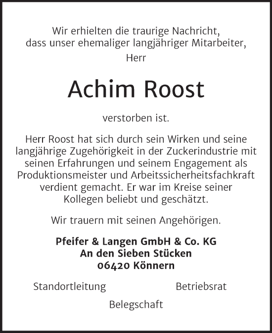 Traueranzeige von Achim Roost von Mitteldeutsche Zeitung