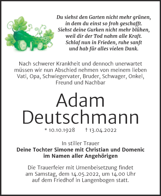 Traueranzeige von Adam Deutschmann von Mitteldeutsche Zeitung Halle/Saalkreis