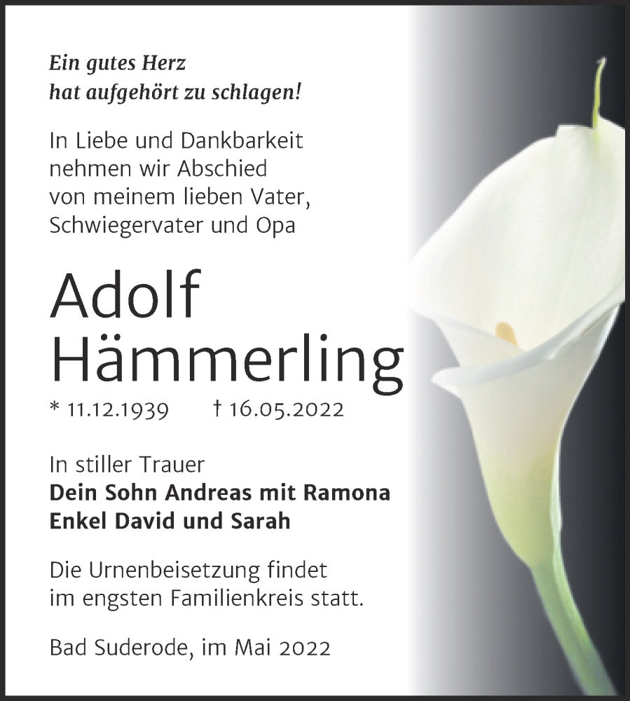  Traueranzeige für Adolf Hämmerling vom 21.05.2022 aus Trauerkombi Quedlinburg