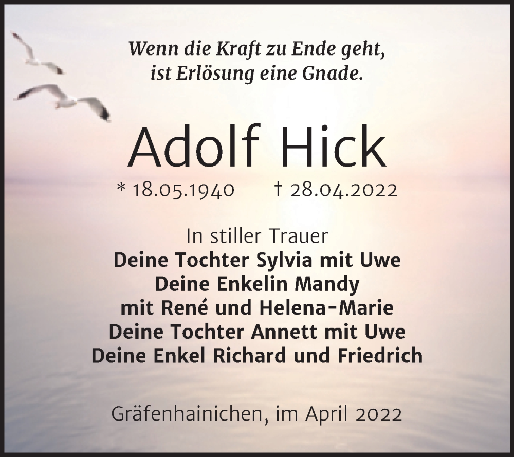  Traueranzeige für Adolf Hick vom 07.05.2022 aus Super Sonntag Wittenberg