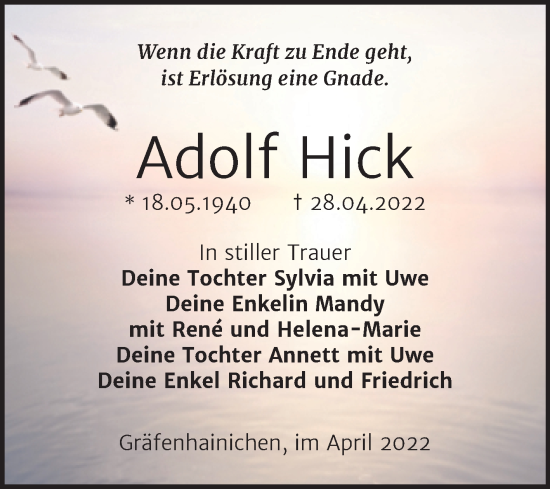Traueranzeige von Adolf Hick von Super Sonntag Wittenberg